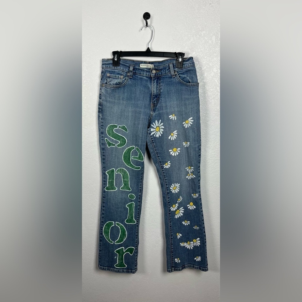Levis Relaxed Boot Blue Jeans Womens Hand Painted Green White Floral Sz 10 Short
